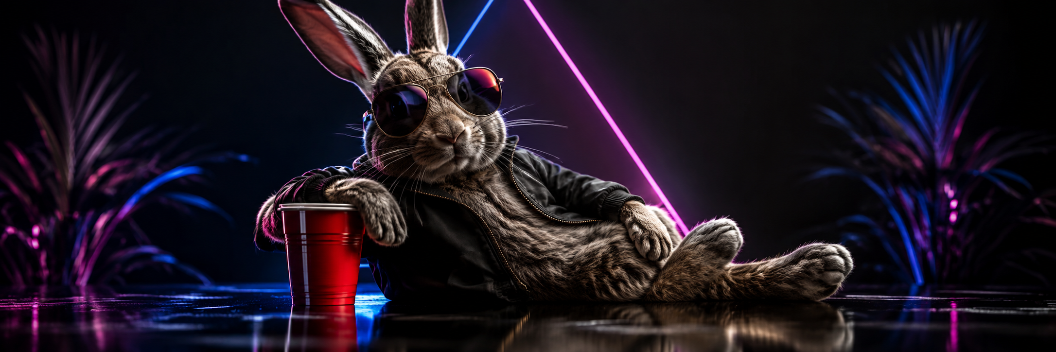 Clout Chaser rabbit mascot wearing sunglasses beside a red cup under blue and pink neon lights